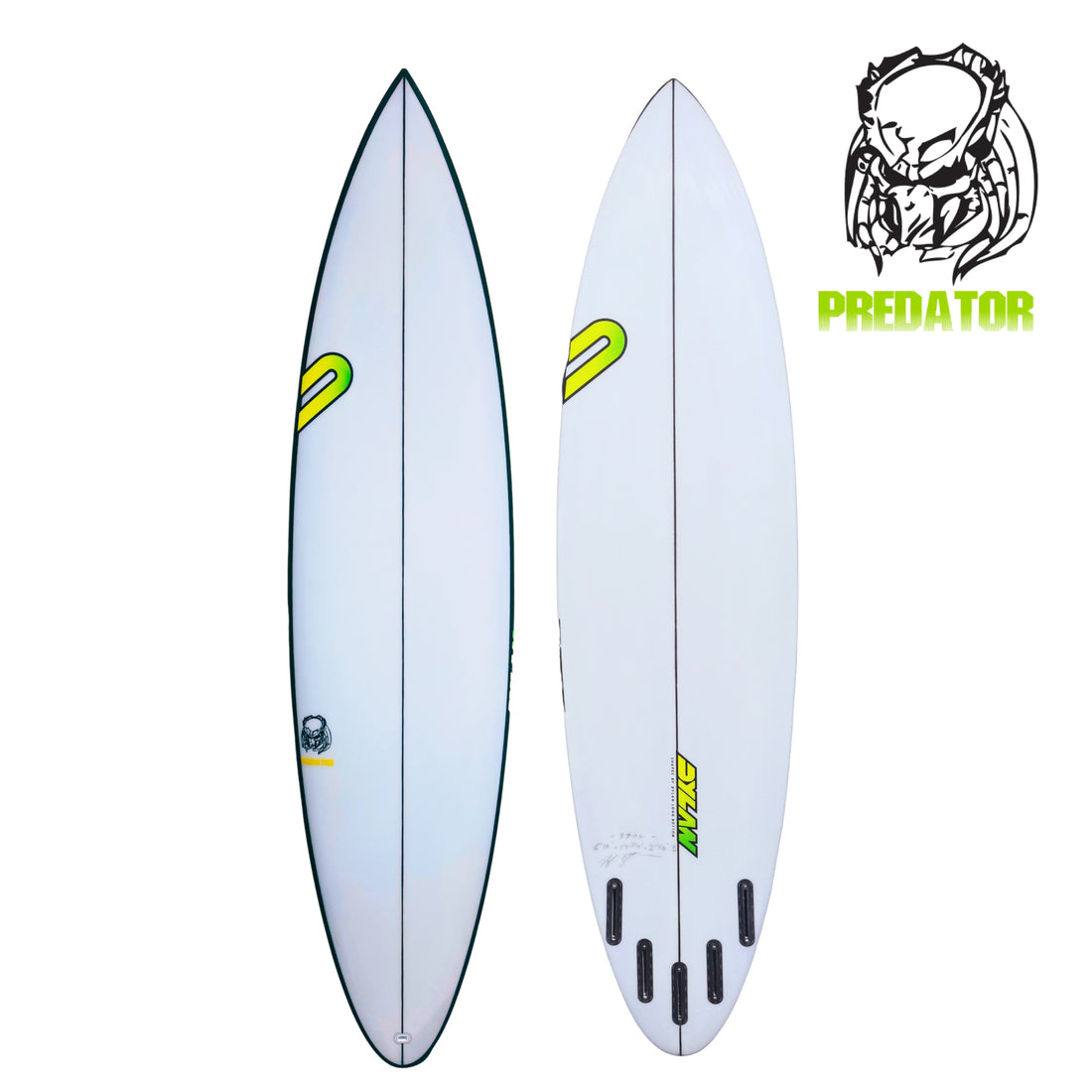 6'10" big wave predator model clear performance surfboard with black rail spray and yellow decal, available at Freeride Surf & Skate NZ.