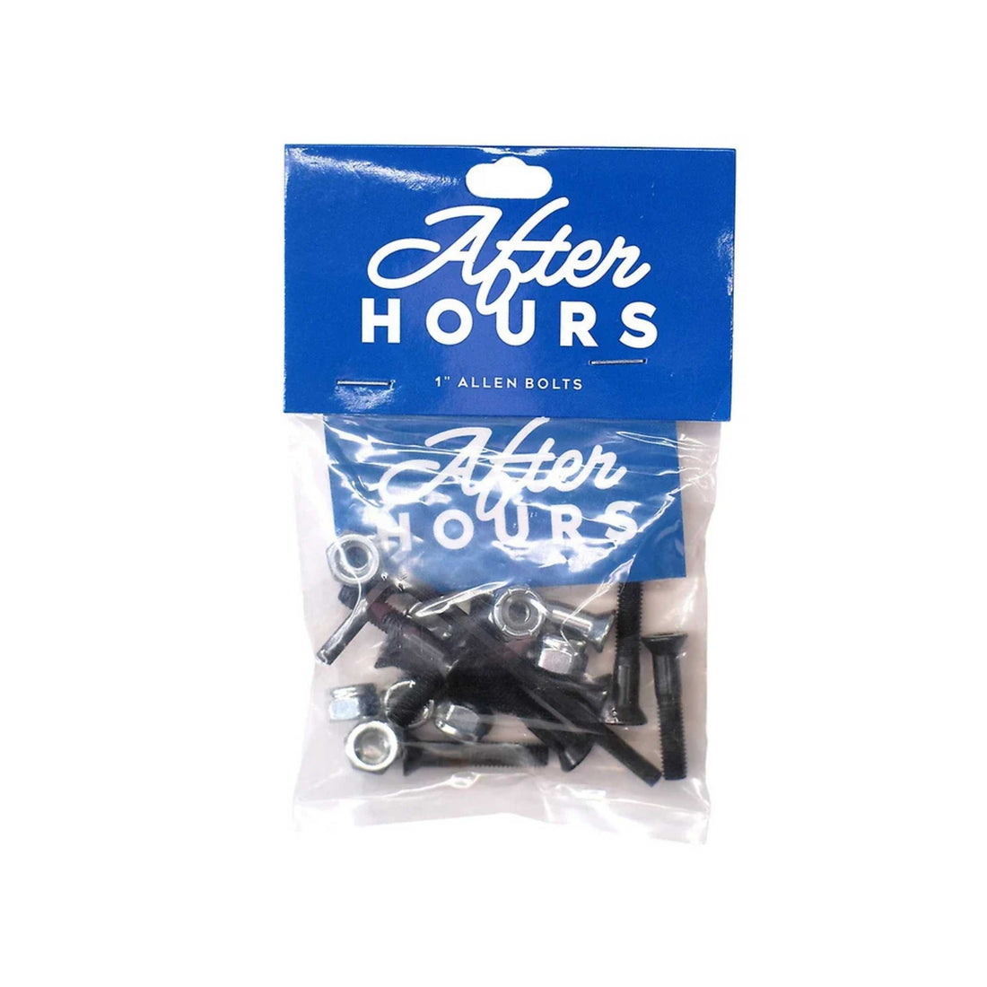 After-Hours Allen Mounting Hardware 1" Silver and black with blue after hours logo sticker. Nylon lock Bolts. Allen key head