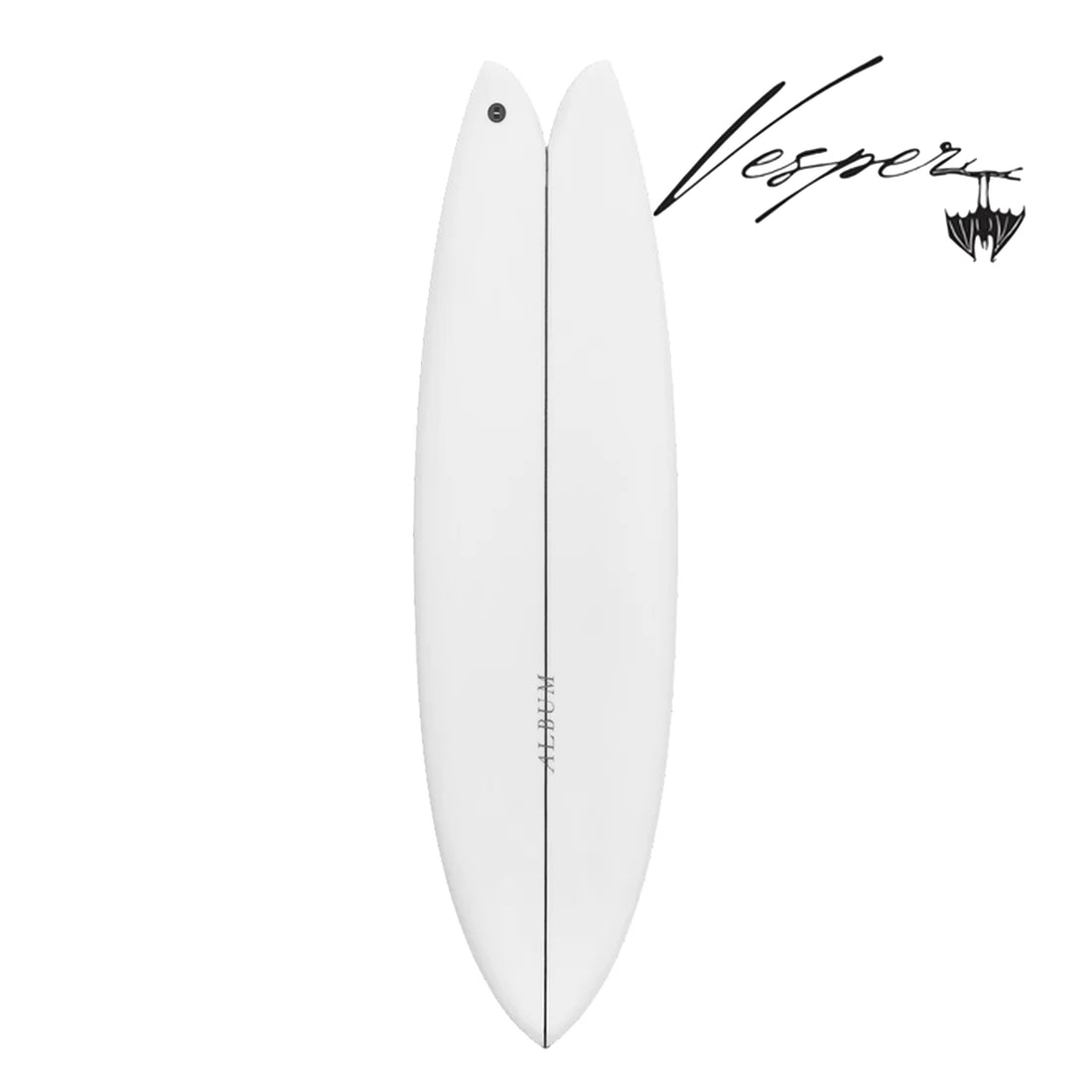Album Vesper 6’6 Clear Surfboard Top View with vesper logo
