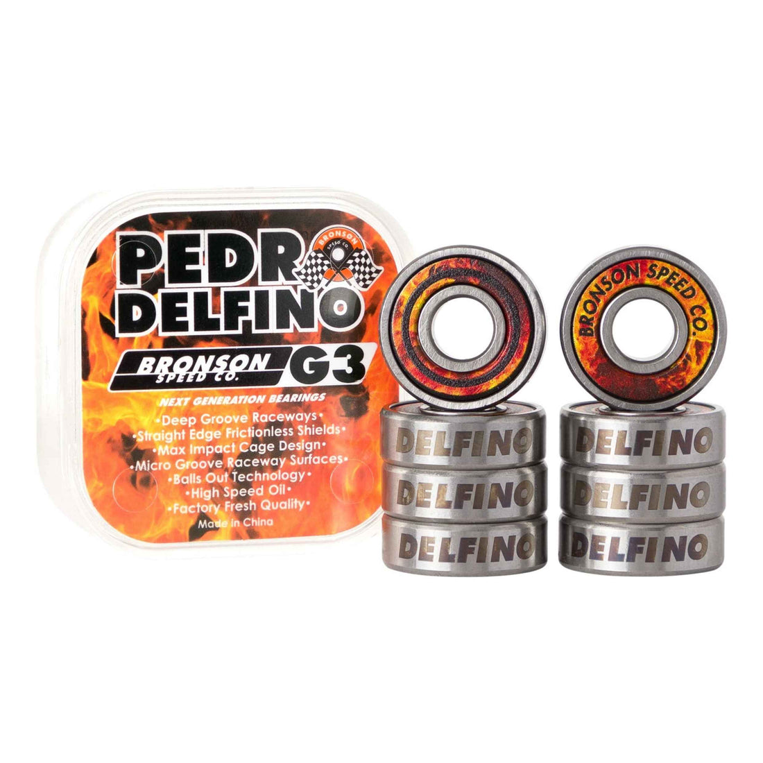 Bronson Pedro Delfino G3 Bearings with racing flames design pack of 8 skate bearings