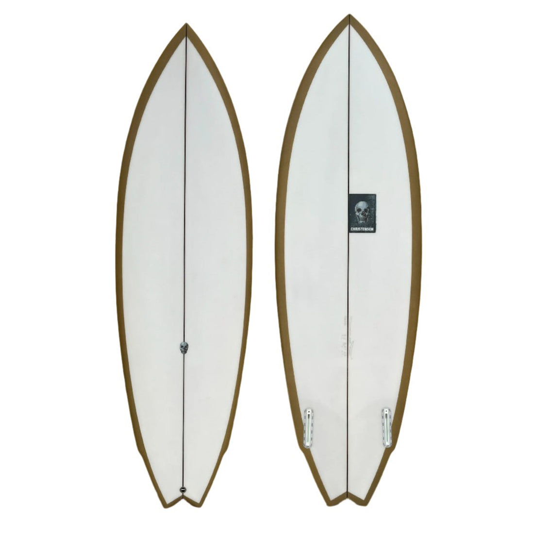 Christenson Lane Splitter surfboard with a swallow tail design, featuring a white body with a gold rail spray and a brown logo on the lower right corner. Shop Christenson Surfboards at Freeride Surf & Skate NZ
