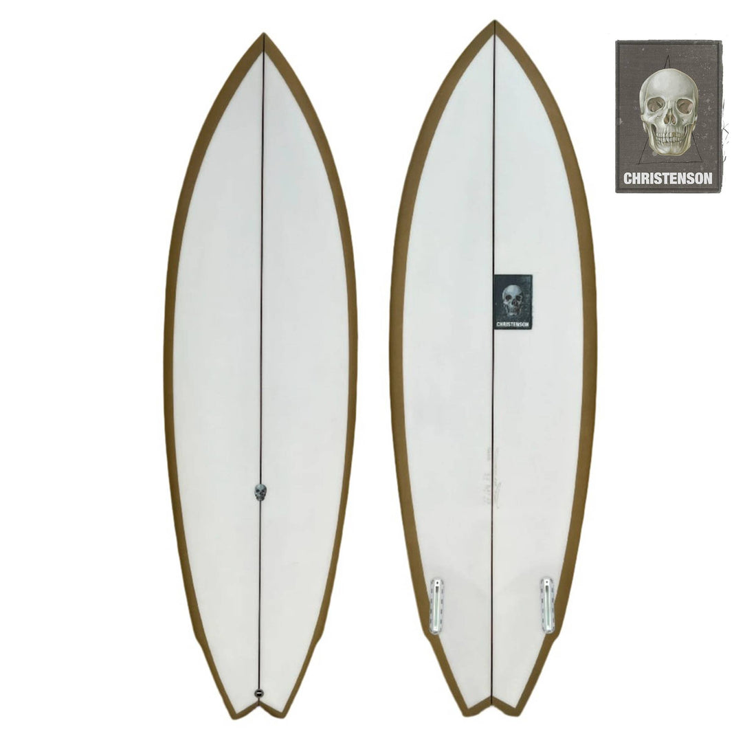 Christenson Lane Splitter surfboard with a swallow tail design, featuring a white body with a gold rail spray and a brown logo on the lower right corner. Shop Christenson Surfboards at Freeride Surf & Skate NZ