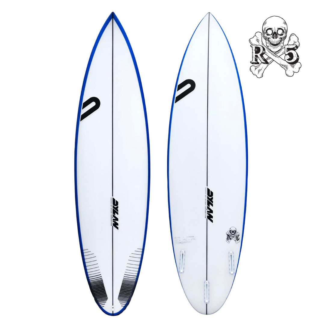 Dylan Shapes RX5 Surfboard Clear Blue Rail Spray – high-performance shortboard by Dylan Longbottom, available at Freeride Surf & Skate Auckland NZ