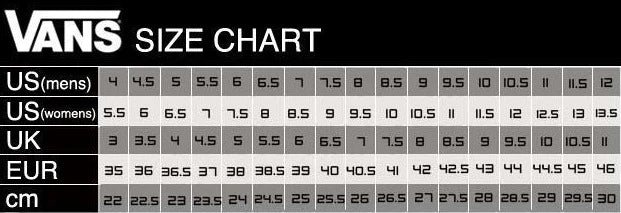 Vans Authentic Vans Slip Ons Size Chart Vans Authentic Vans Size
