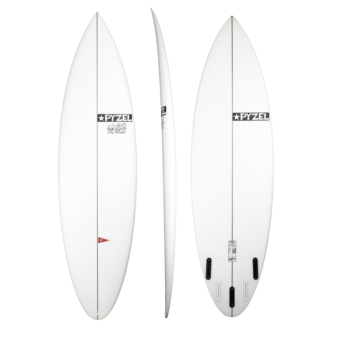 front, back and rocker view of ghost surfboard clear with pyzel logo