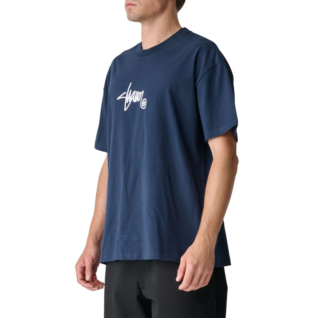 S/Double Small Stock Tee Navy on model in navy blue