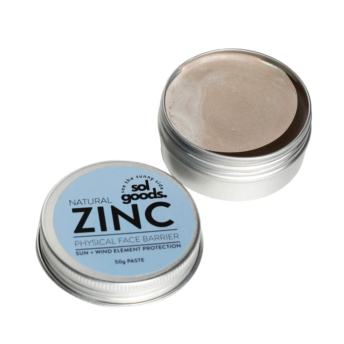 Open tin of Sol Adventure Natural Zinc SPF 30+ face barrier sunscreen showing light brown zinc paste – available at Freeride Surf & Skate West Auckland and online.