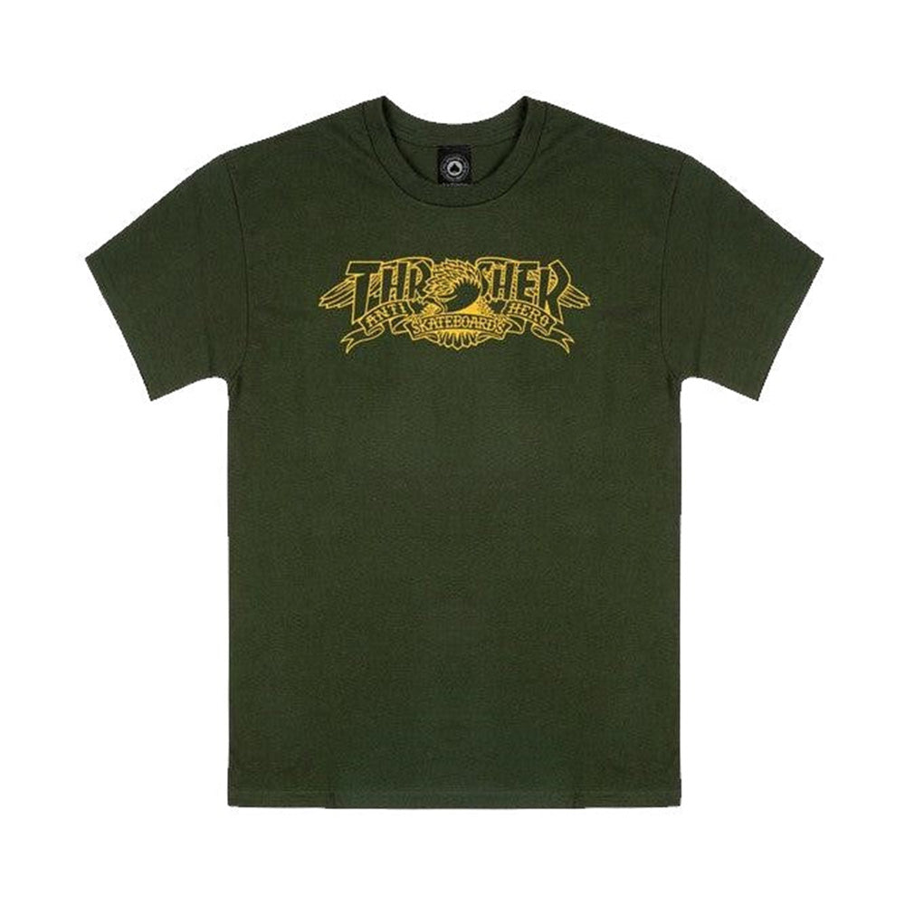 THRASHER X ANTIHERO MAG BANNER TEE FOREST GREEN