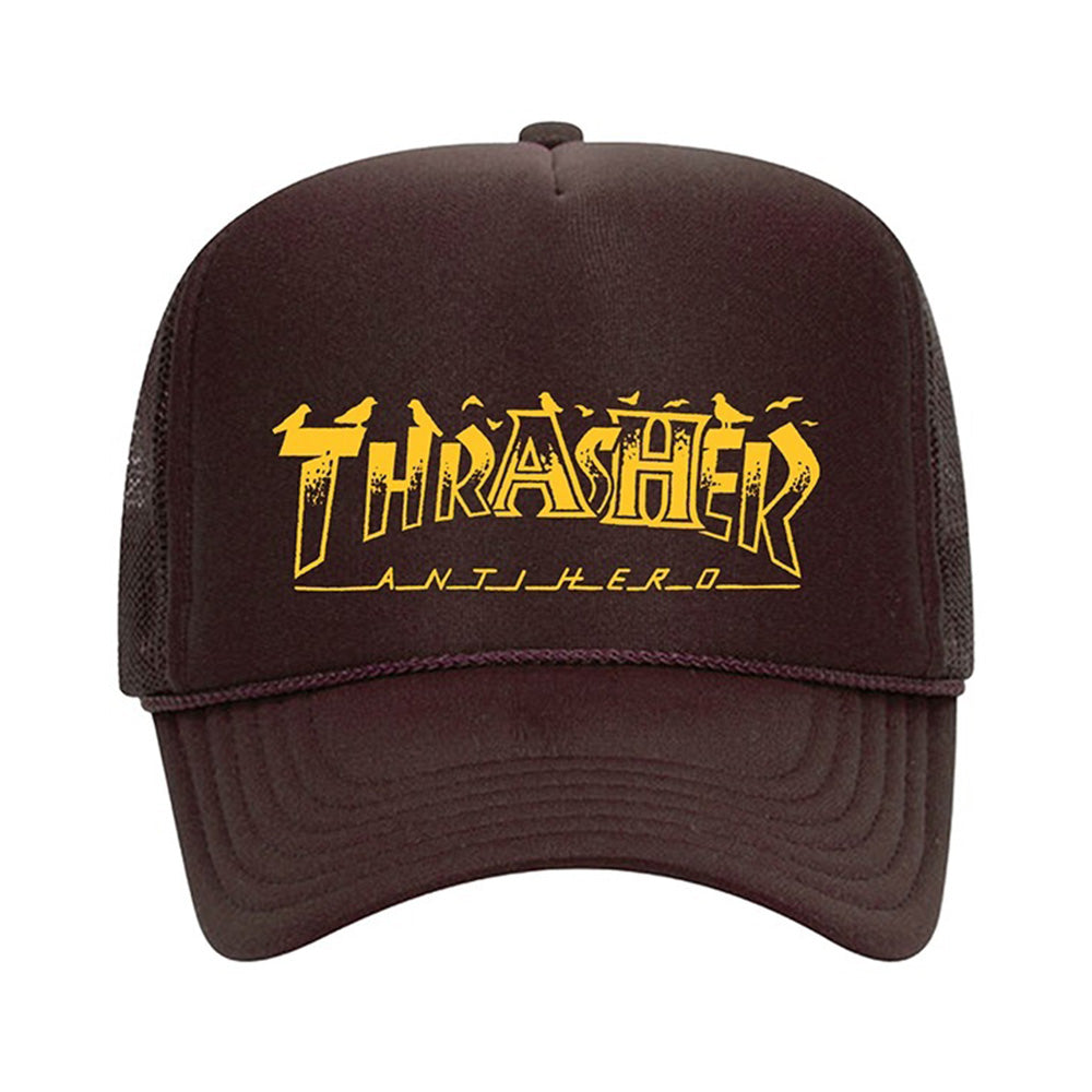 TRASHER X ANTIHERO PIGEON MAG TRUCKER CAP BROWN