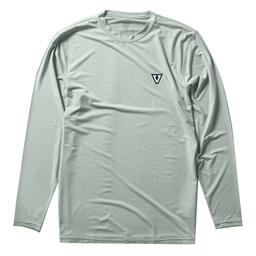 Vissla Twisted Eco Long Sleeve Surf Tee Sea Green Heather – front view with chest logo