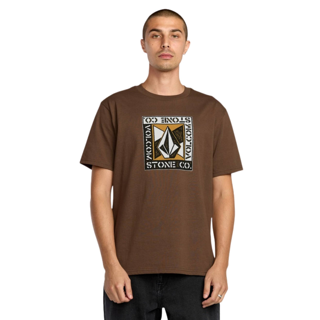 Volcom Angle Iron Tee in Brown Stone, heavy-weight cotton t-shirt with screen print, available in NZ.