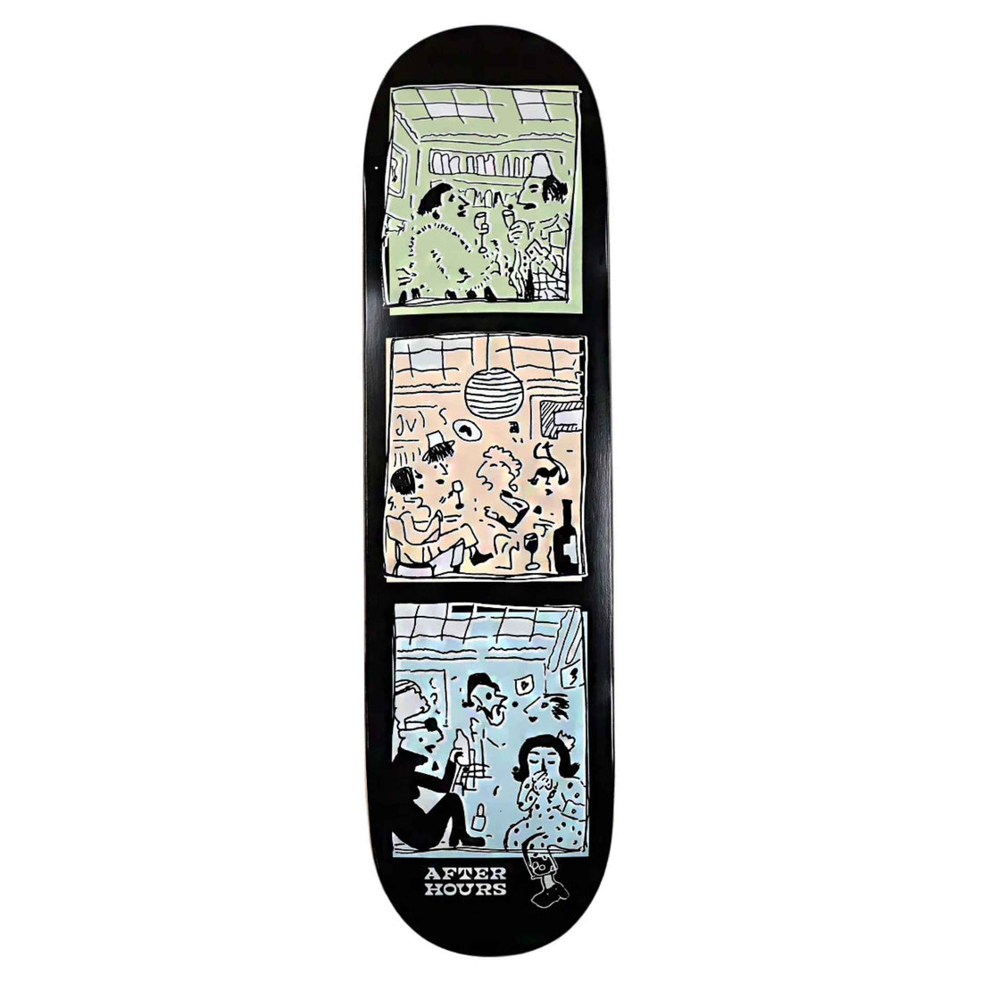 After Hours Wine Bar 8.25" skateboard deck with detailed Billie Morrison artwork depicting patrons drinking and socialising inside a busy wine bar.

A skateboard deck featuring a black background with three vertical comic-style panels in pale green, peach, and light blue, with the text 'AFTER HOURS' printed at the bottom.