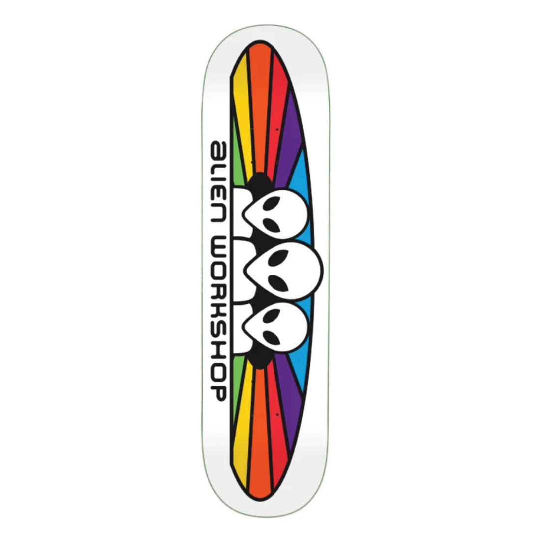 Alien Workshop Spectrum White 8.25" skateboard deck with classic three-alien Spectrum graphic against a rainbow and white background.