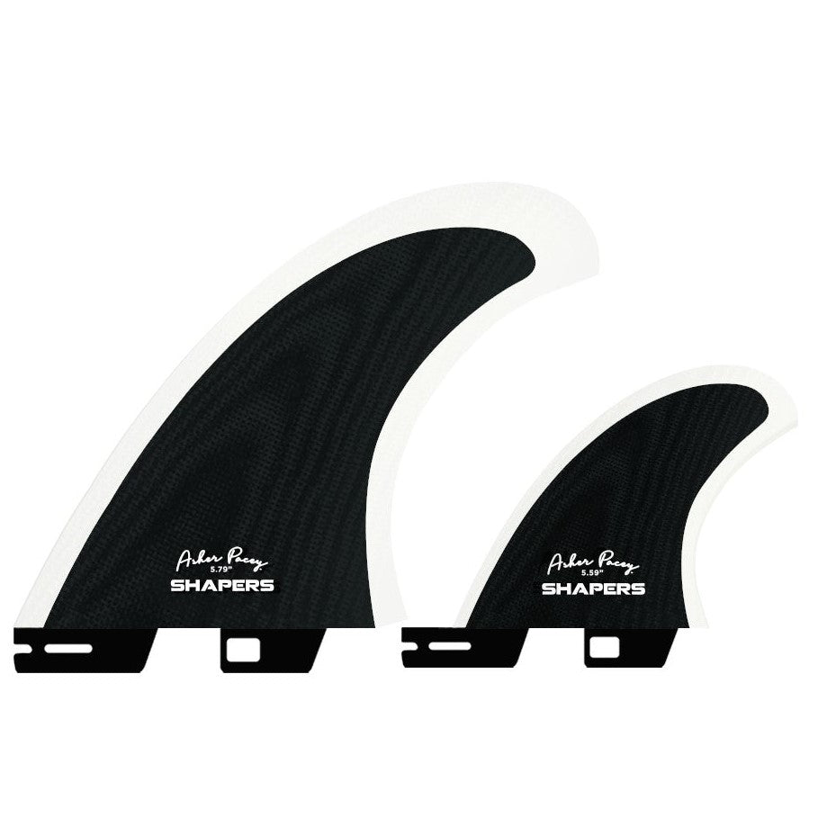 ASHER PACEY 5.79 BLACK CLEAR GLASS TWIN FIN SHAPERS 2 TAB