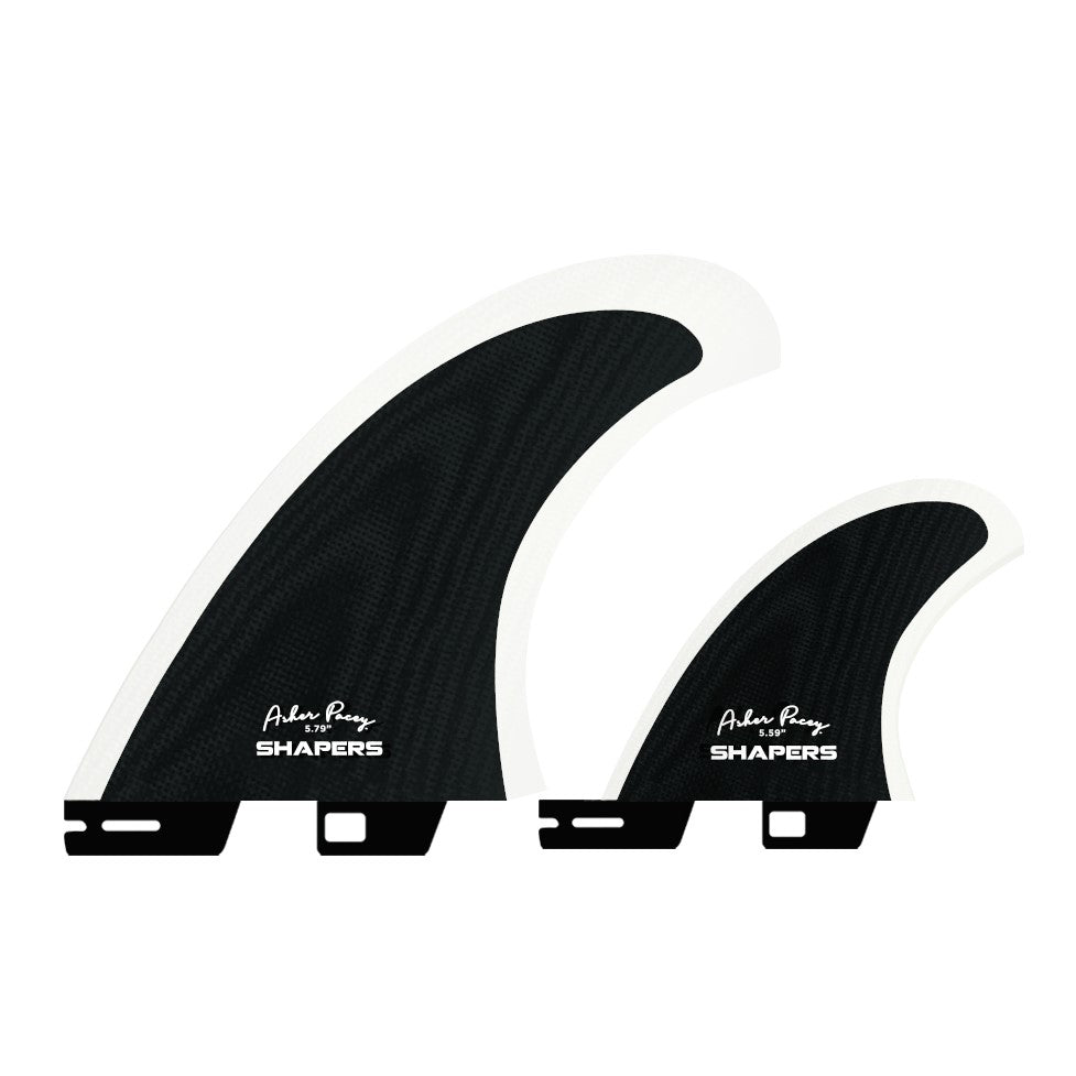 SHAPERS ASHER PACEY 5.59 BLACK CLEAR GLASS TWIN FIN + STABILISER S2 TAB