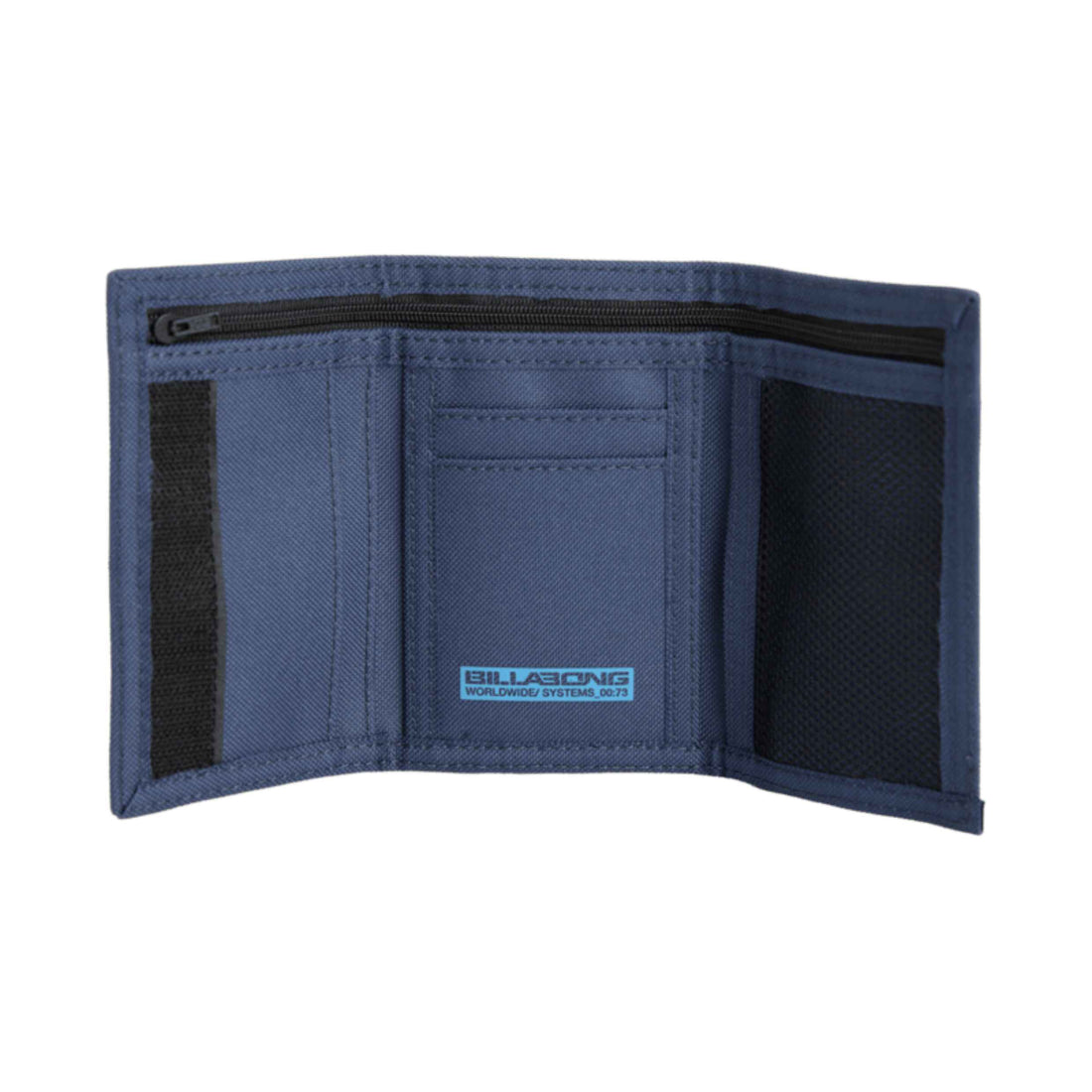 Billabong Atom tri-fold wallet in Navy with Billabong artwork on the front, hook-and-loop closure and zip coin pocket.