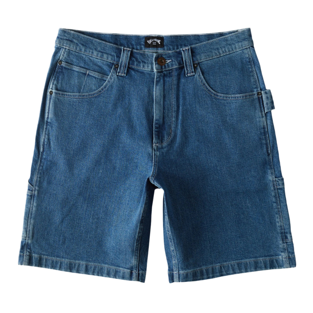A pair of denim shorts with front pockets and a utility loop, featuring a fixed waist and button closure.