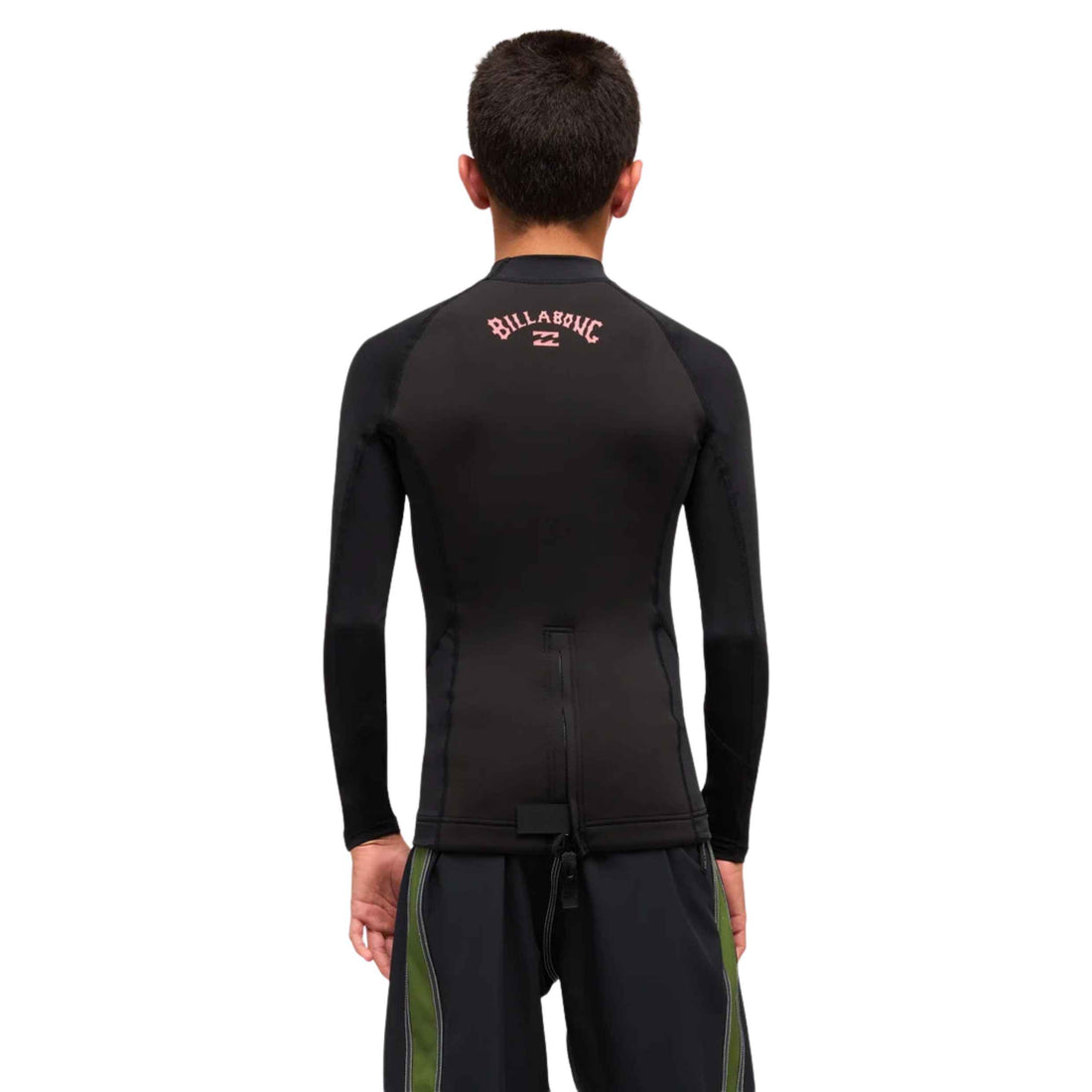 Billabong Boys Absolute Poly 1/1mm Wetsuit Jacket in Tar Black with long sleeves and recycled stretch fabric, available at Freeride Surf & Skate NZ.