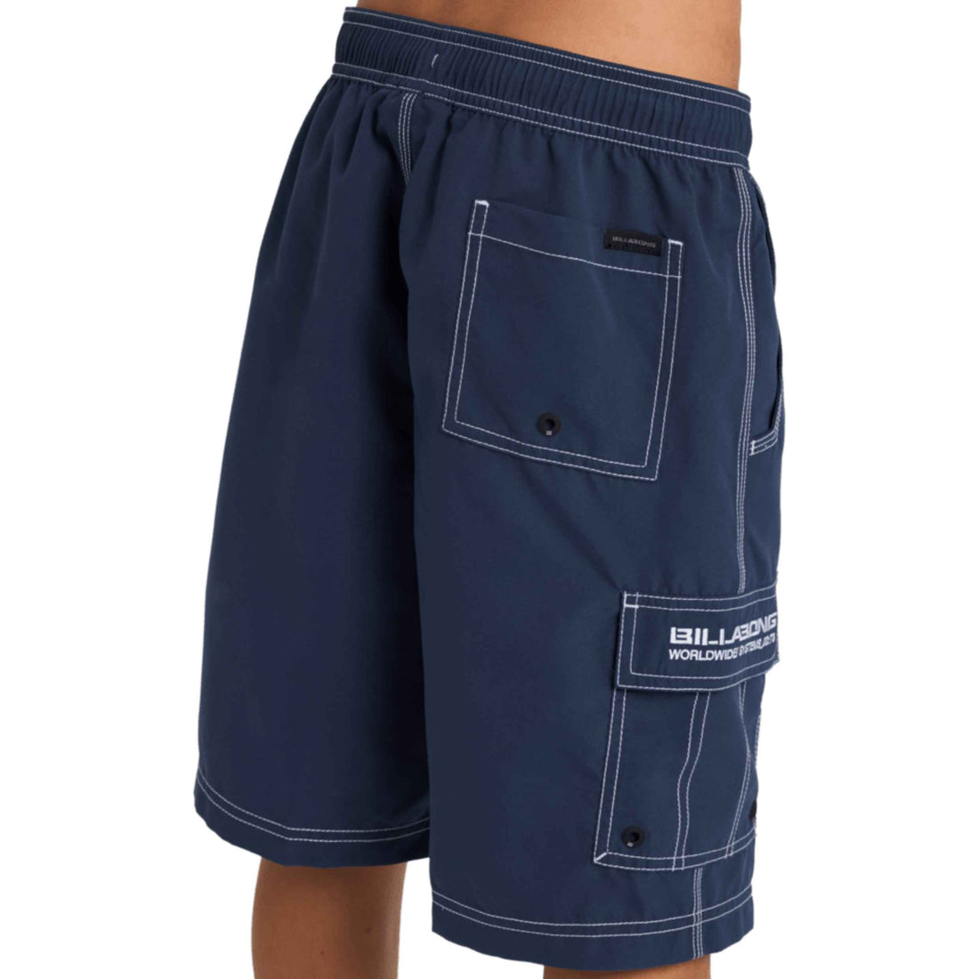 Billabong Boys Throw On Boardshorts in Dusty Indigo featuring recycled Surf Suede fabric, elastic waistband, cargo pockets and 18-inch outseam, available at Freeride Surf & Skate NZ.