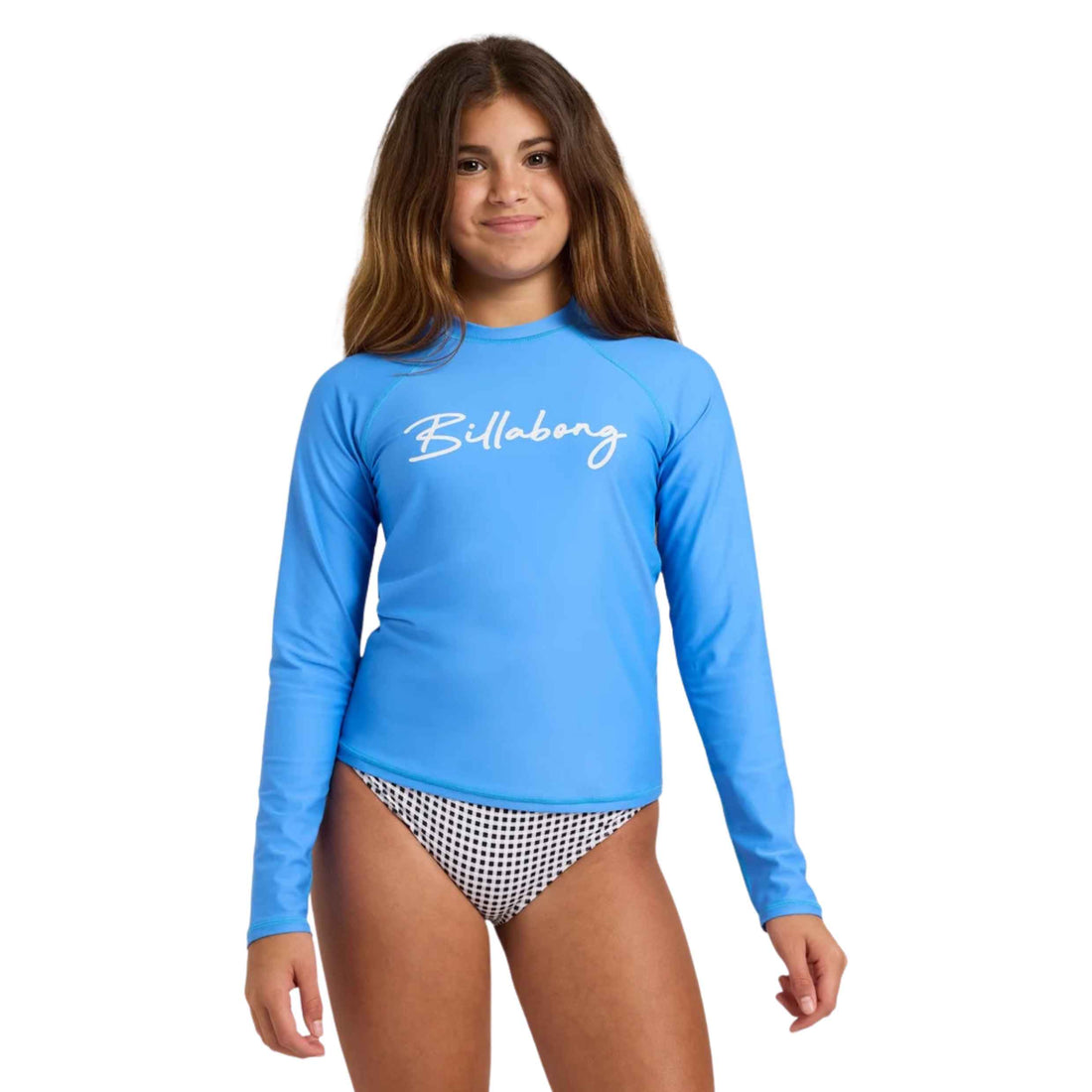 Billabong Breaker Squad Long Sleeve Rashguard in Tidal Blue with UPF 50+ sun protection and front chest logo, available at Freeride Surf & Skate NZ.