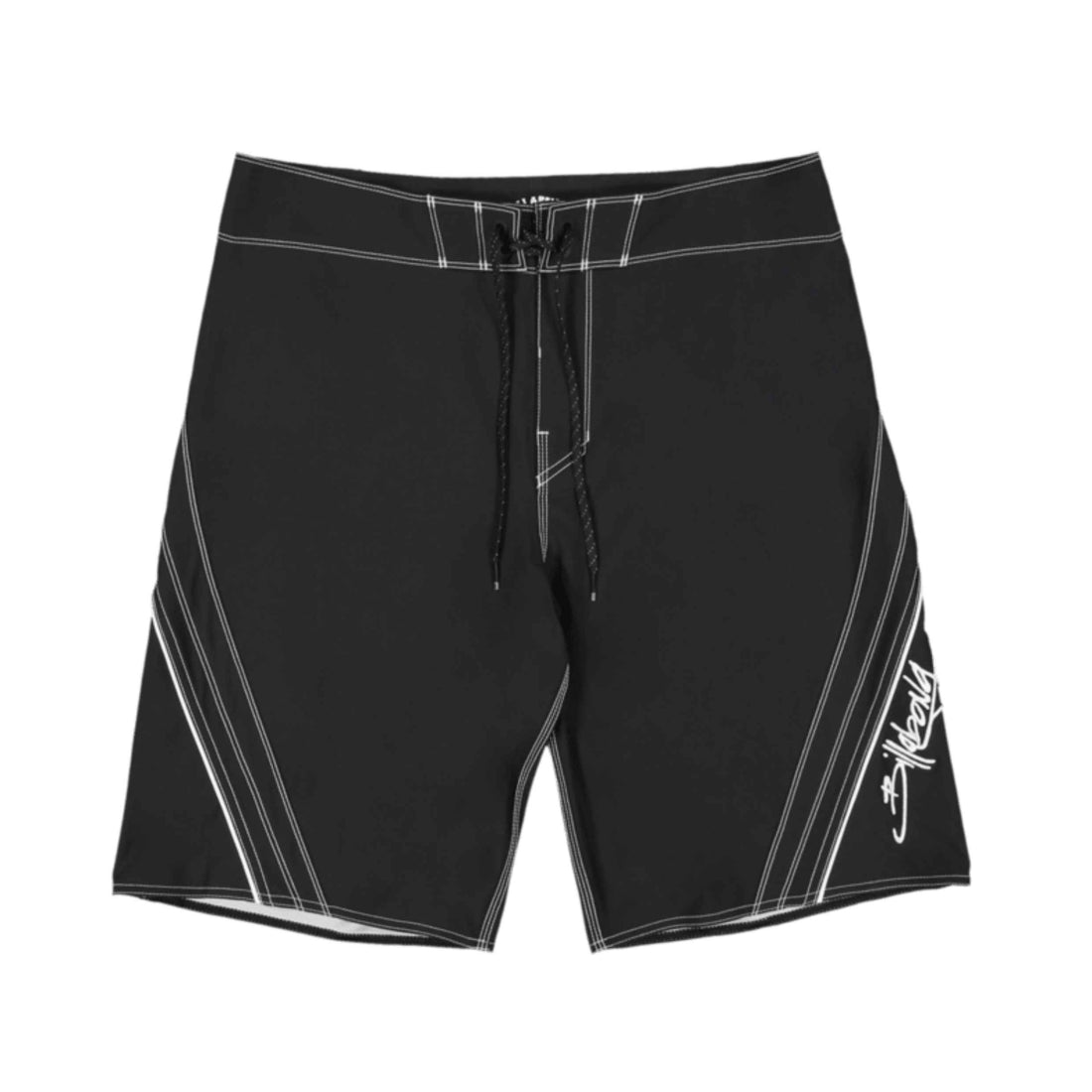 Black board shorts with white contrast stitching, a black drawstring waist, and a white billabong script logo on the lower left leg, shown against a plain white background.
