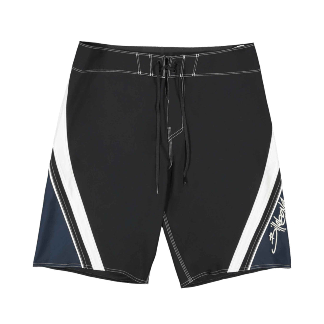 Billabong Fluid 2K Pro Boardshort in Phantom. Black board shorts with white and navy blue geometric side panels and a white script logo on the lower right leg, shown flat on a white background.