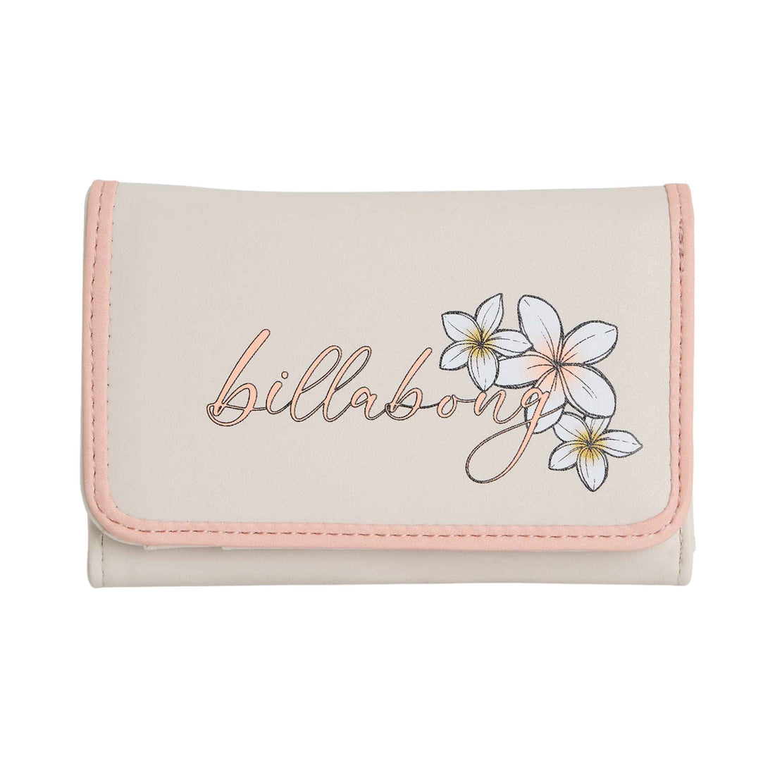 A light beige wallet with pink trim and an embroidered design featuring the word 'billabong' in rose gold script alongside three white plumeria flowers with yellow centers, set against a plain white background.
