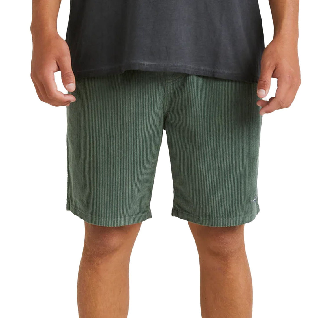 Billabong Larry Cord Short in Fern with textured corduroy fabric, 18" length and elastic drawcord waistband.
