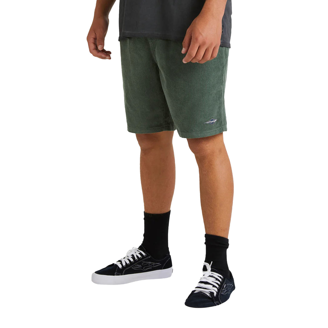 Billabong Larry Cord Short in Fern with textured corduroy fabric, 18" length and elastic drawcord waistband.