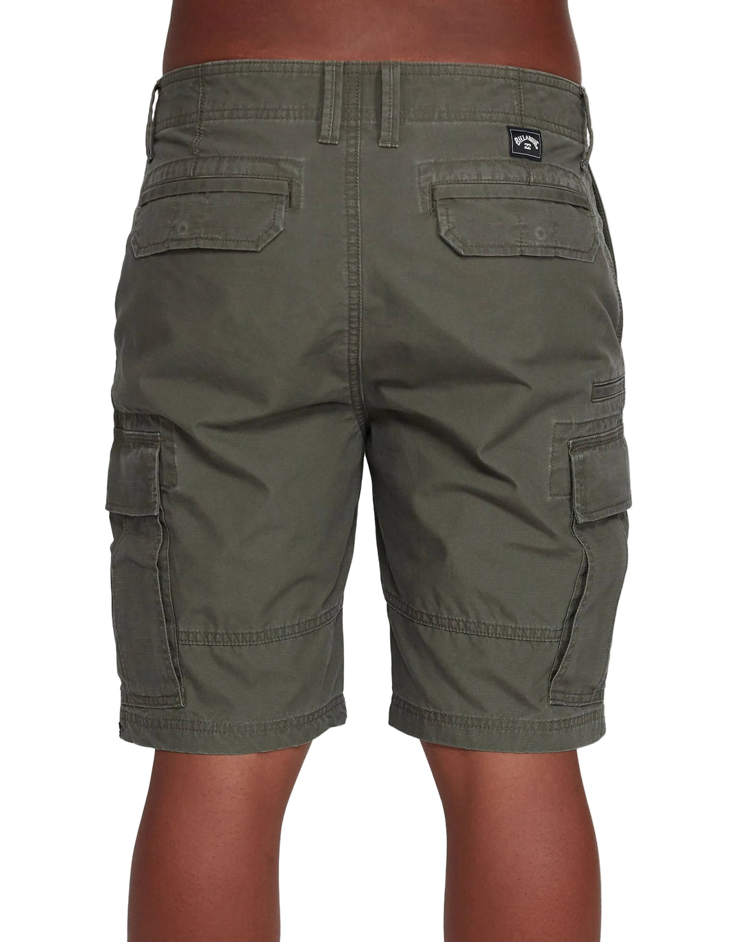 Back view of olive green cargo shorts worn by a model, showing the waistband, back pockets, and side cargo pockets against a white background.
