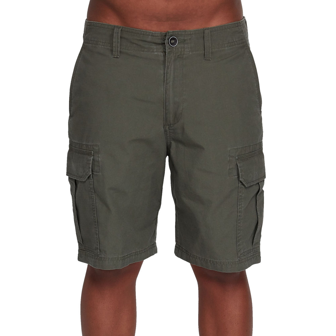 Billabong Scheme Cargo Short in Military Green with side cargo pockets, front slash pockets and back flap pockets.