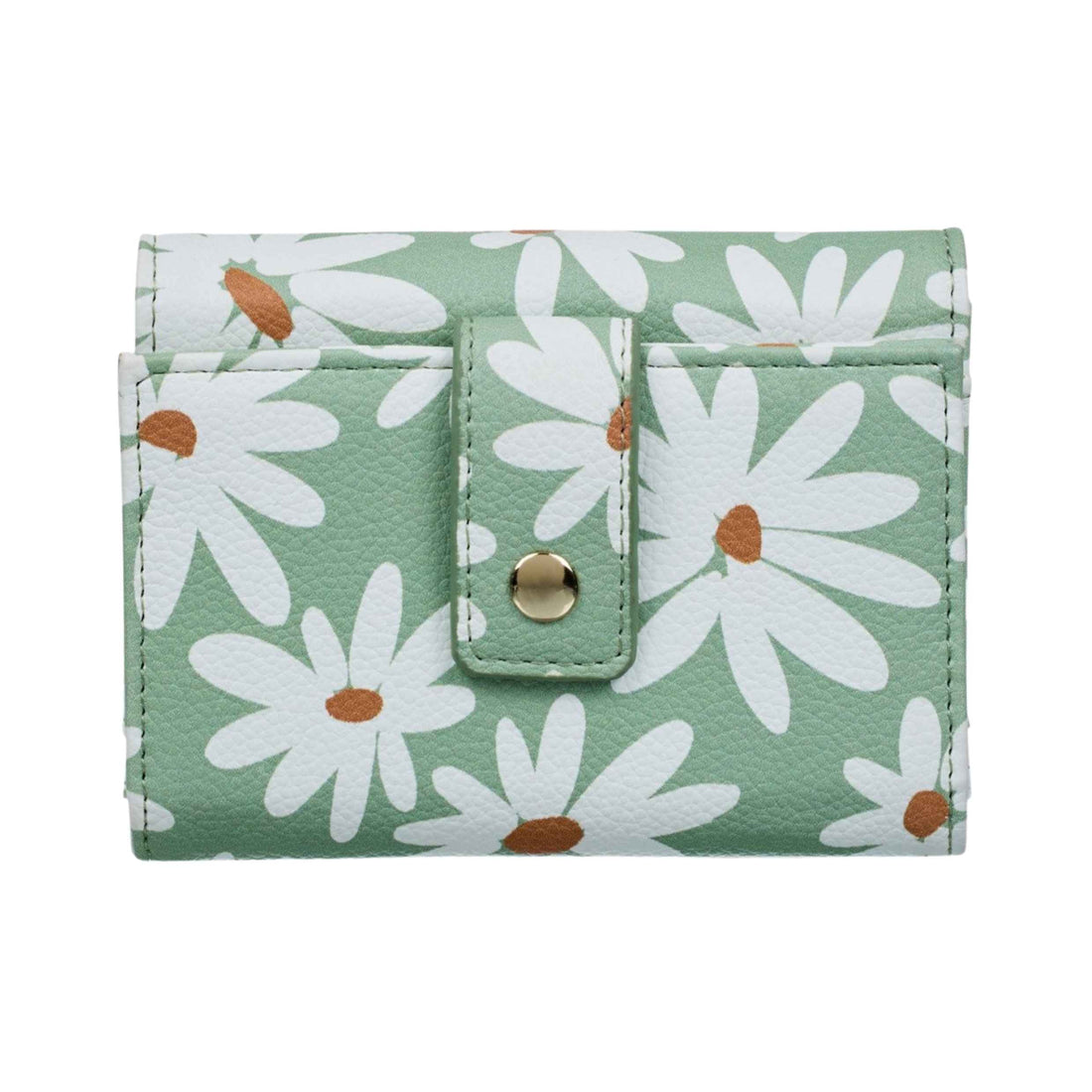 A small bifold wallet with a green and white daisy pattern, featuring a central snap-button flap and a gold-tone metal snap, shown on a plain white background.