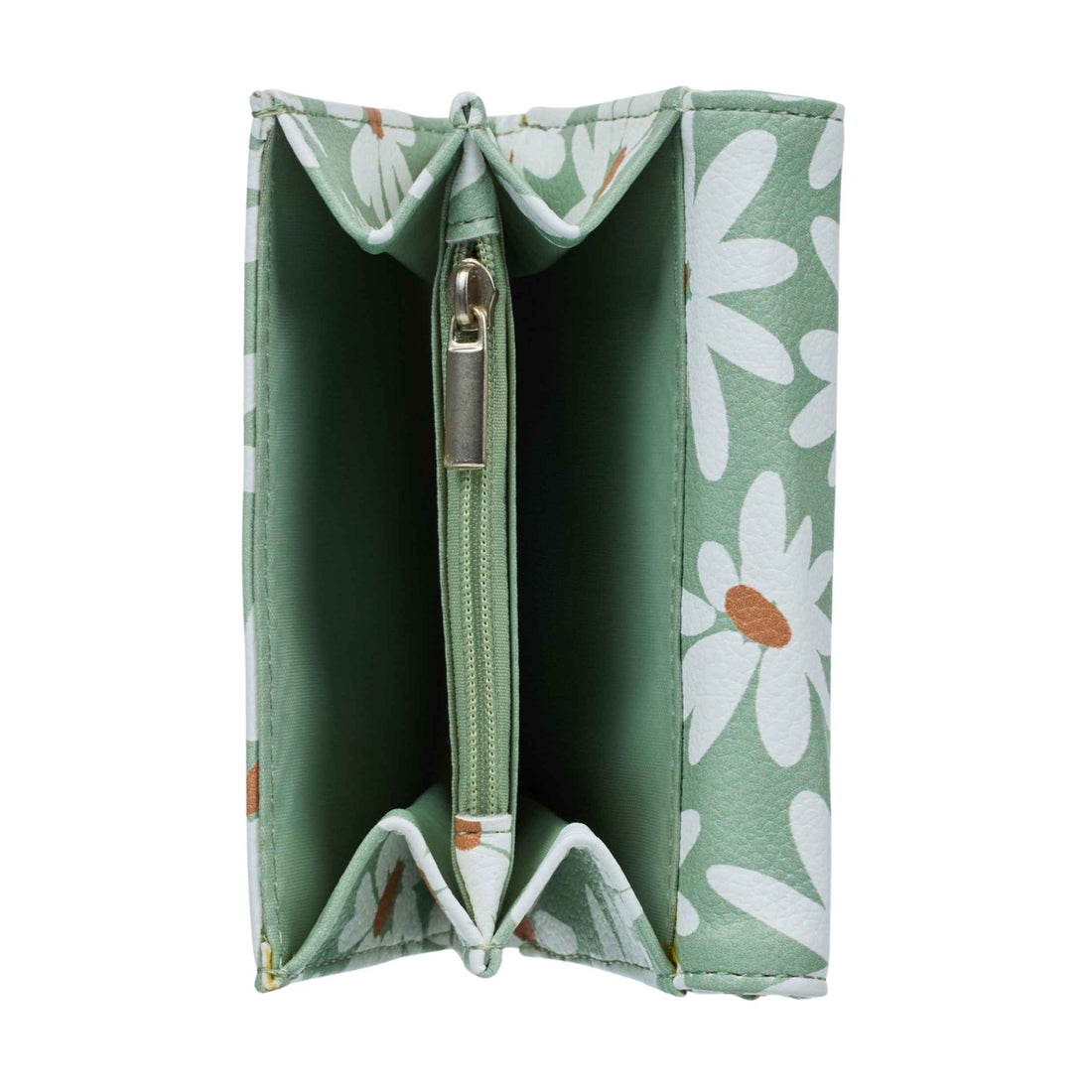A mint green wallet with a white daisy floral pattern, shown open to reveal its interior compartments and a central zippered pocket with a silver zipper pull.