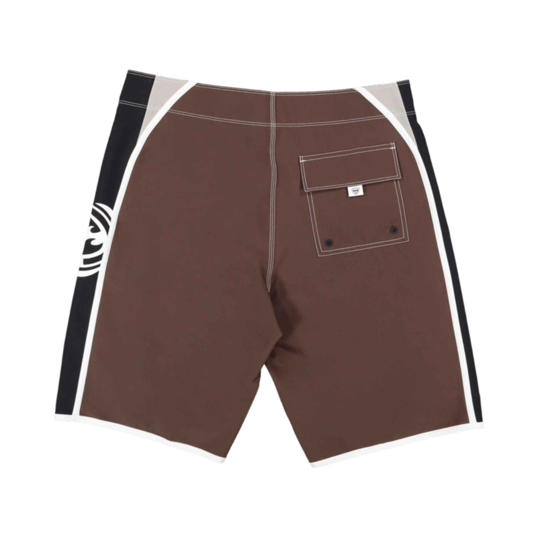Brown board shorts with black and white side stripes, a back pocket, and a white logo on the left side, shown against a plain white background.