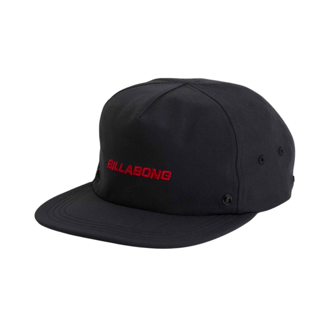 Billabong Strike Mission Surf Hat in Black available at Freeride Surf & Skate NZ. A black flat-brim cap with the brand name 'BILLABONG' embroidered in red on the front, shown against a plain white background.
