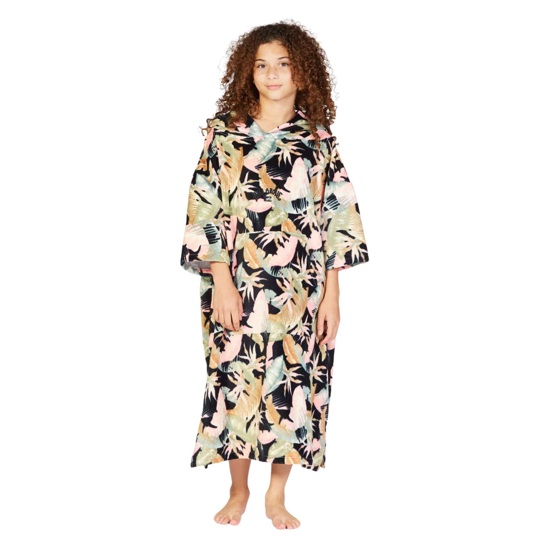 Billabong Teen Hooded Towel Jungle Night — heavyweight cotton surf poncho for girls with hood and tropical design, available at Freeride Surf & Skate NZ.