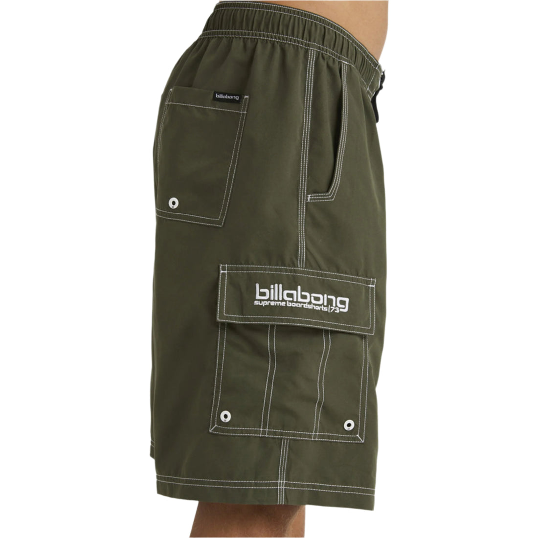 Billabong Throw On boardshort in dark military green with elastic waist and cargo pocket available at Freeride Surf & Skate NZ.