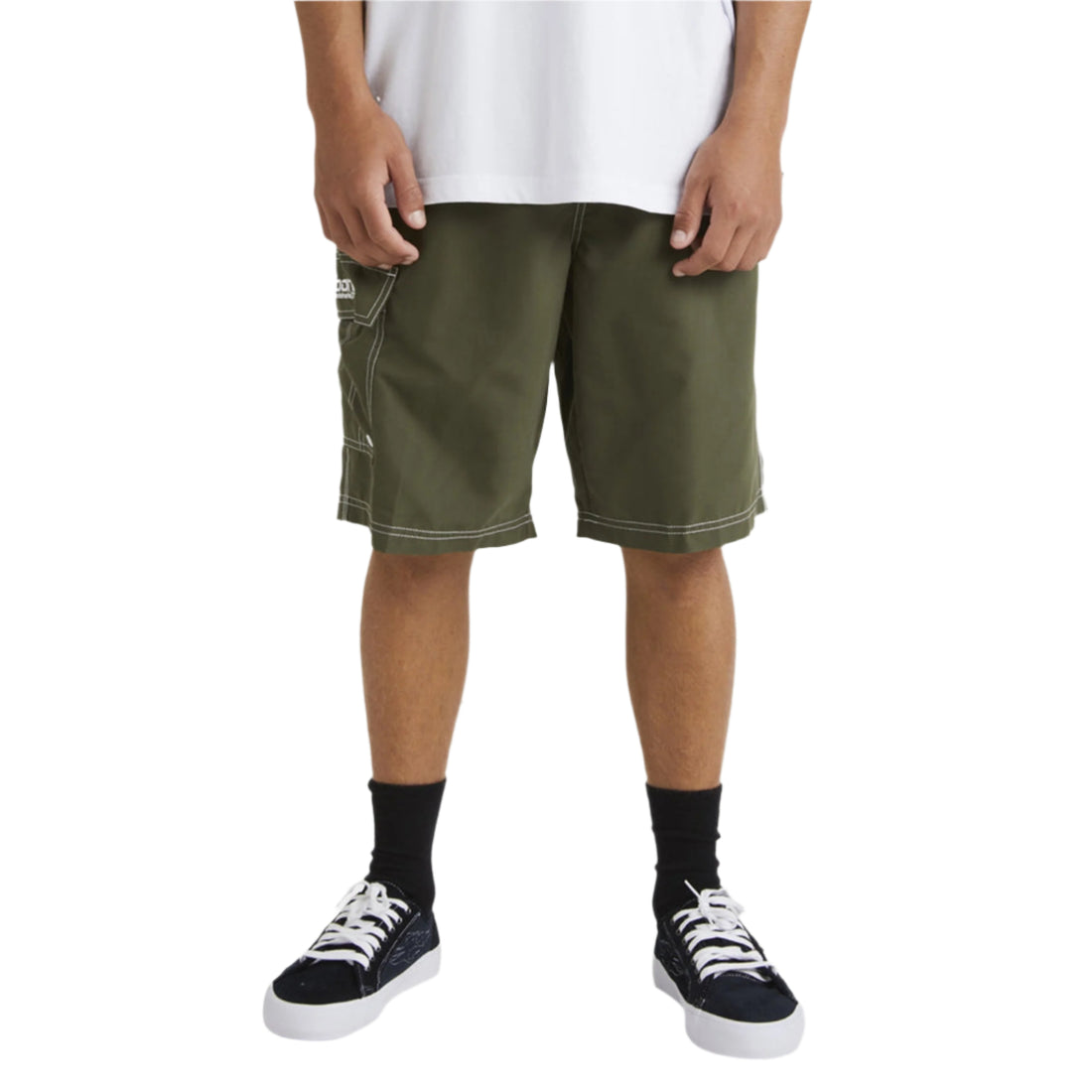 Billabong Throw On boardshort in dark military green with elastic waist and cargo pocket available at Freeride Surf & Skate NZ.