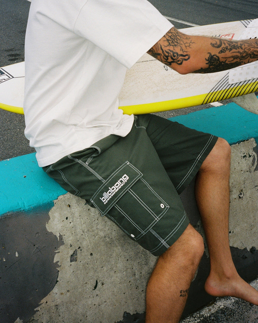 Billabong Throw On boardshort in dark military green with elastic waist and cargo pocket available at Freeride Surf & Skate NZ.