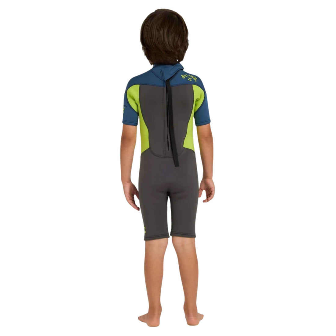 Billabong Toddler Absolute 2/2mm Springsuit in Fluro Lime with back zip entry and recycled stretch fabric, available at Freeride Surf & Skate NZ.