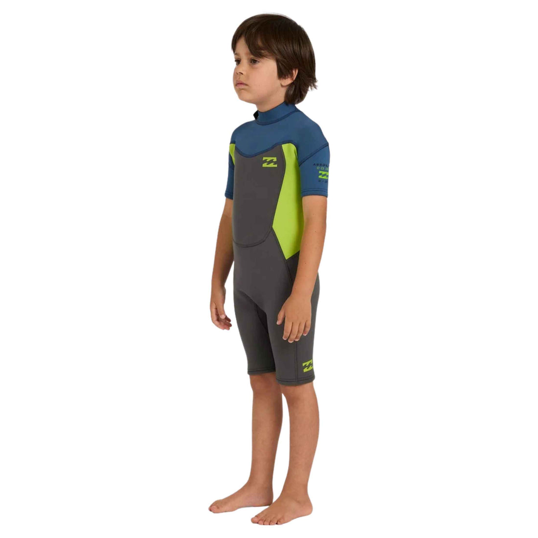 Billabong Toddler Absolute 2/2mm Springsuit in Fluro Lime with back zip entry and recycled stretch fabric, available at Freeride Surf & Skate NZ.