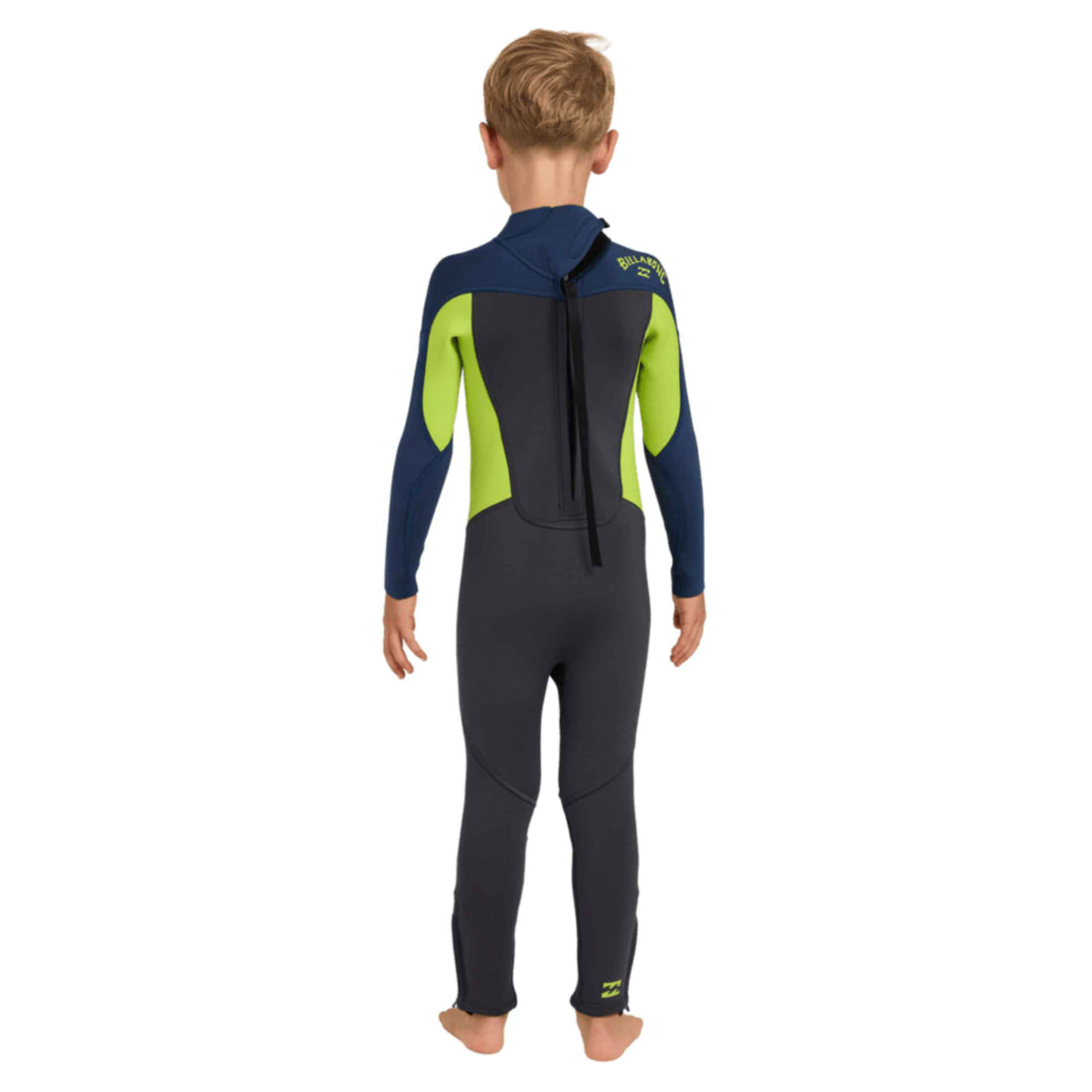 Billabong Toddler Absolute 3/2mm Steamer in Fluro Lime with long sleeves, back zip entry and recycled stretch fabric, available at Freeride Surf & Skate NZ.