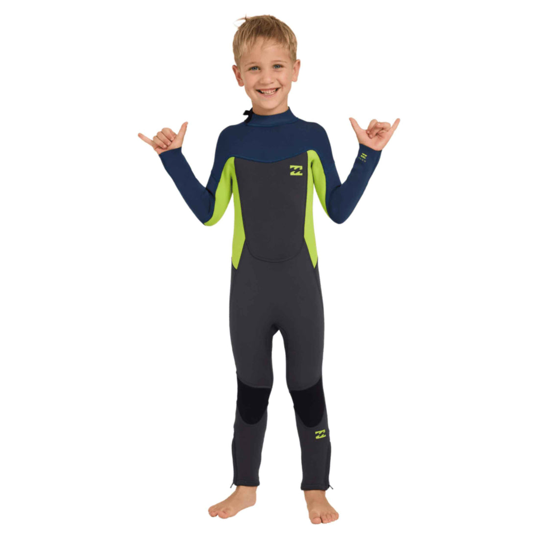 Billabong Toddler Absolute 3/2mm Steamer in Fluro Lime with long sleeves, back zip entry and recycled stretch fabric, available at Freeride Surf & Skate NZ.