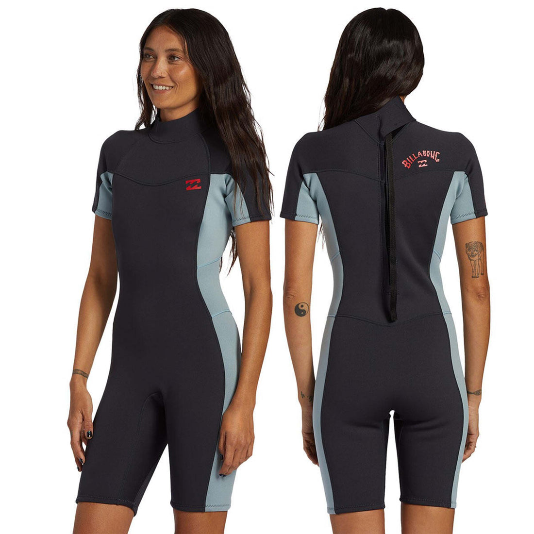 Front view of Billabong Women’s 2/2mm Short Sleeve Springsuit – washed black 