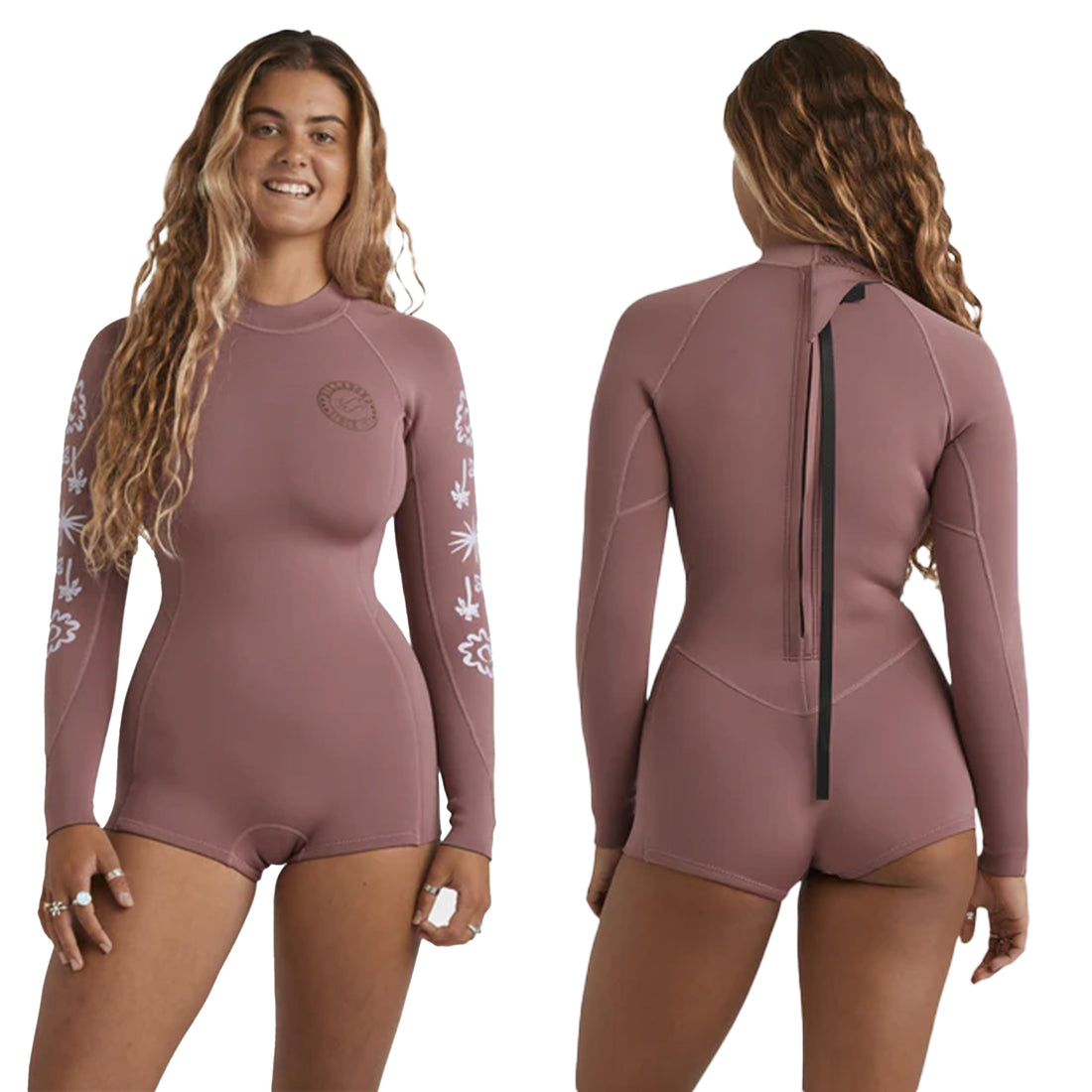 Front view of Billabong Women’s Spring Fever 2/2mm Long Sleeve Springsuit rosewood – eco neoprene-free wetsuit NZ