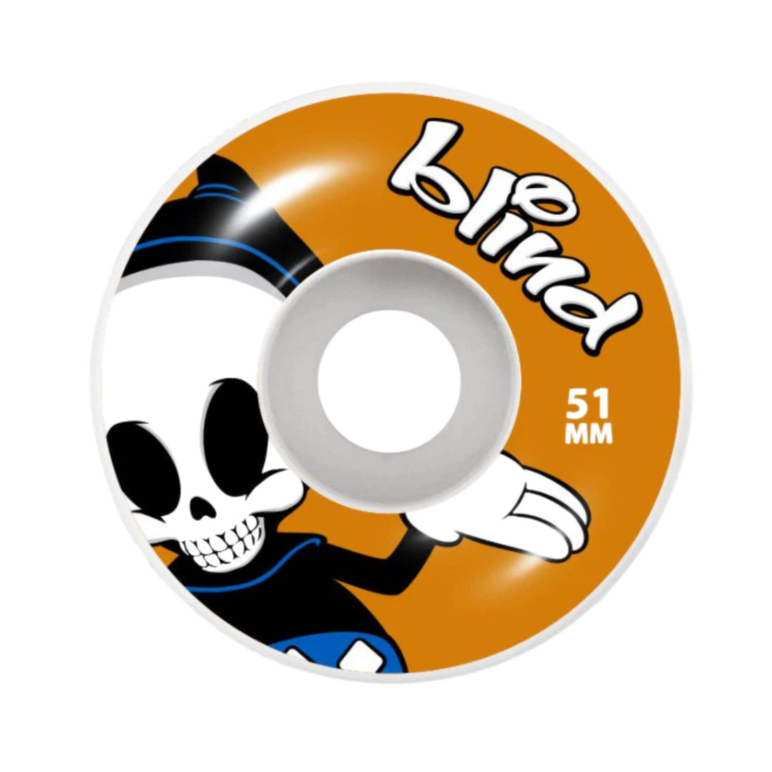 Blind Reaper Character 51mm Orange Skateboard Wheels — hard street wheels with orange Reaper graphic, available at Freeride Surf & Skate NZ.