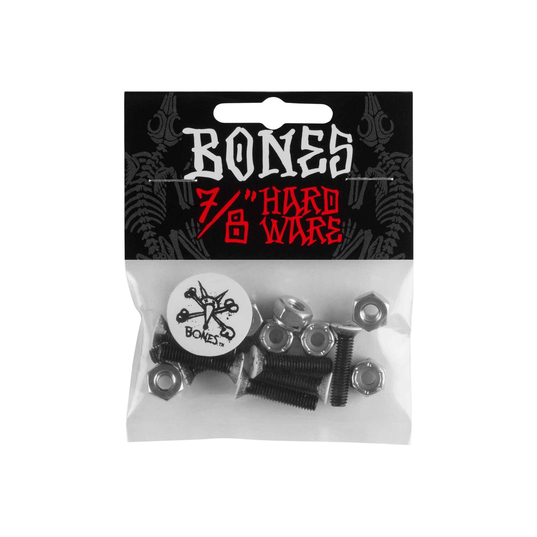 Set of BONES 7/8" Phillips skateboard bolts and nuts displayed in packaging