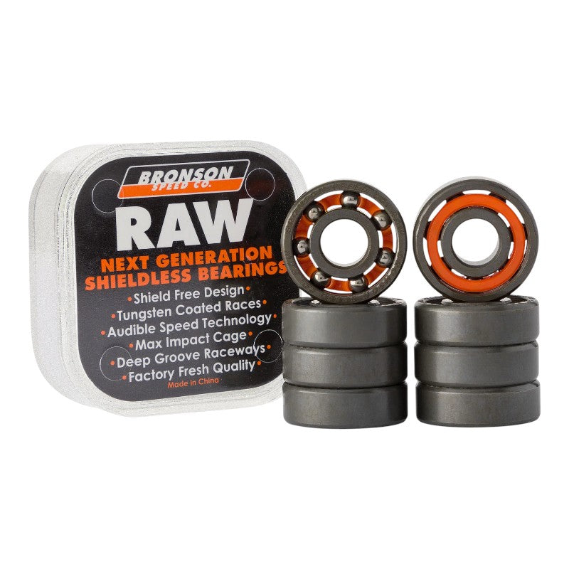 Bronson Speed Co. RAW Bearings set pack view of skateboard bearing set