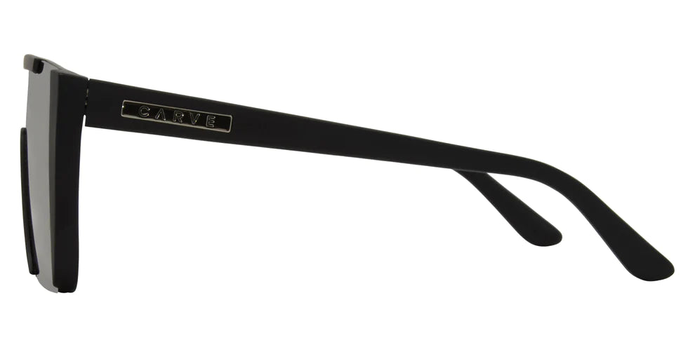 Carve Equinox Matte Black polarised sunglasses with flat-top frame and angular design, available at Freeride Surf & Skate NZ.