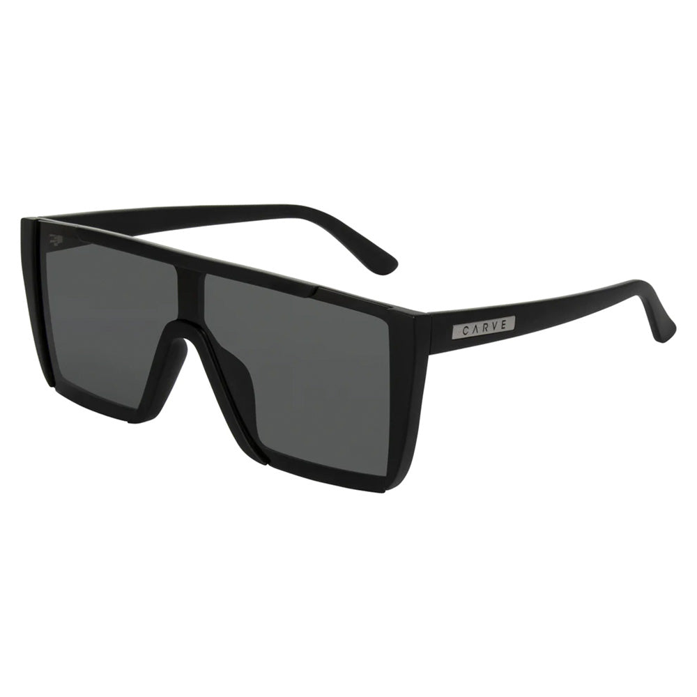 Carve Equinox Matte Black polarised sunglasses with flat-top frame and angular design, available at Freeride Surf & Skate NZ.
